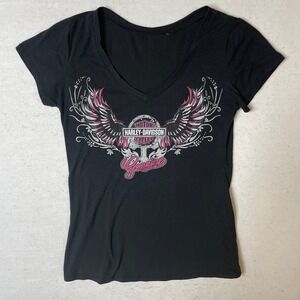 Harley Davidson Womens Black Graphic T Shirt Genuine Wings V Neck‎ Top